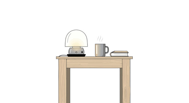 Cozy bedside table with lamp, hot drink, and books on white background