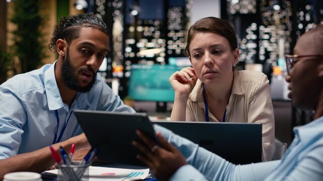 Multiethnic group of workers collaborating on project management, documenting accounting data and business intel for an action plan. Men and women emphasizing corporate office life.