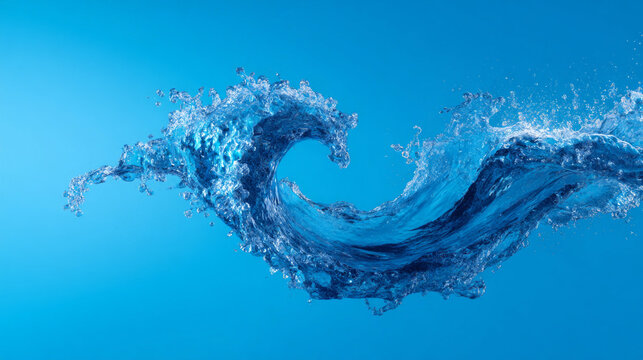 Blue water wave splash isolated on background. Dynamic liquid shape with droplets and spray. Abstract ocean ripple concept for nature, clean environment, refreshment and energy theme.