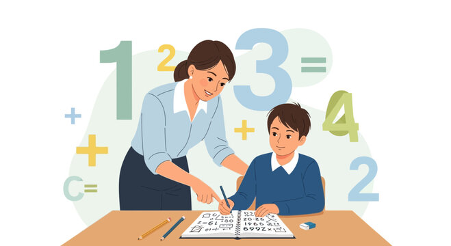 Teacher helping student with math homework, learning, education, numbers, and arithmetic