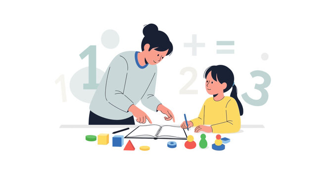 Teacher helping student with math homework, colorful blocks and numbers background