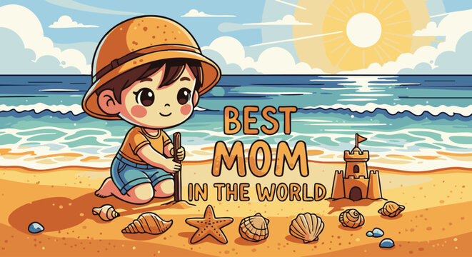 Cute cartoon boy in a sun hat playing on a sandy beach with a sandcastle and seashells, featuring the text mom in the greeting