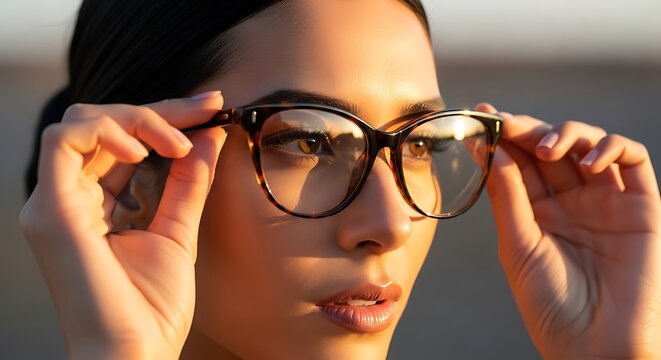 Close-up portrait of a female model wearing elegant prescription eyewear in natural sunset light. Sharp lens detail. Perfect for designer frame advertising and optician branding.