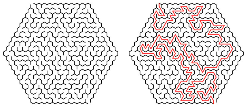 Hexagonal Maze Puzzle with Red Solution Path