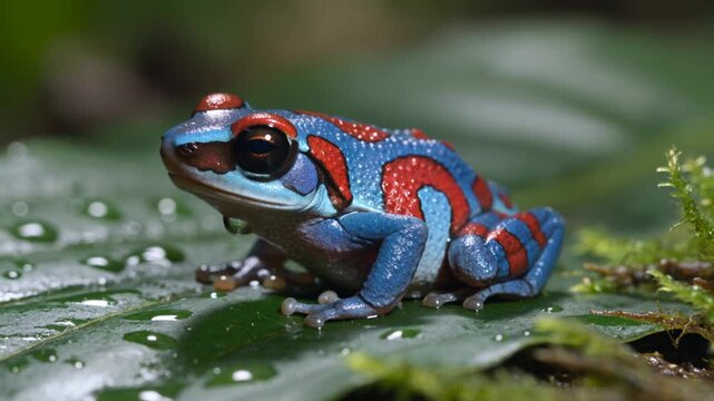 Vibrant Poison Frog with Red and Blue Stripes in Rainforest