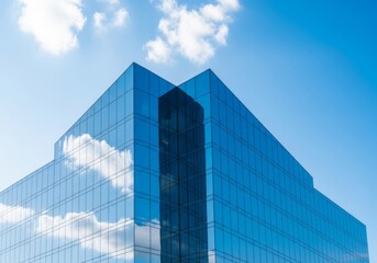 Fototapeta premium A sleek modern building with glass panels reflects a clear blue sky, creating a minimalist architectural layout with sharp lines and space, contemporary, high-tech, grid