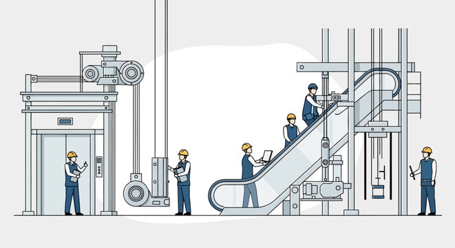 Elevator and Escalator Maintenance Illustration with Technical Workers in Safety Helmets