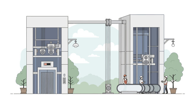 Industrial Elevator and Construction Site Illustration with Workers and Pulley System in Flat Line Art Style