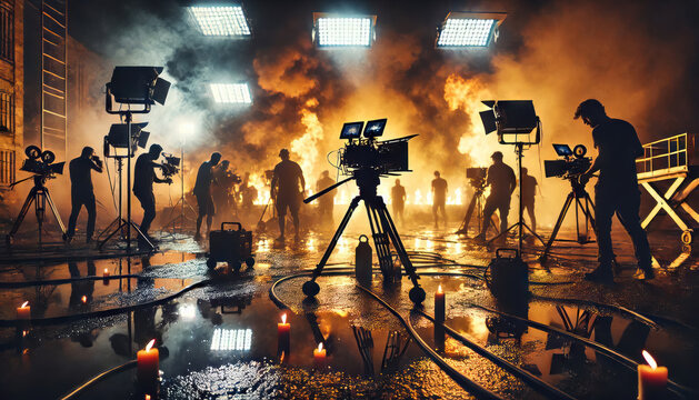 Cinematic Scene with Filmmakers and Dramatic Lighting