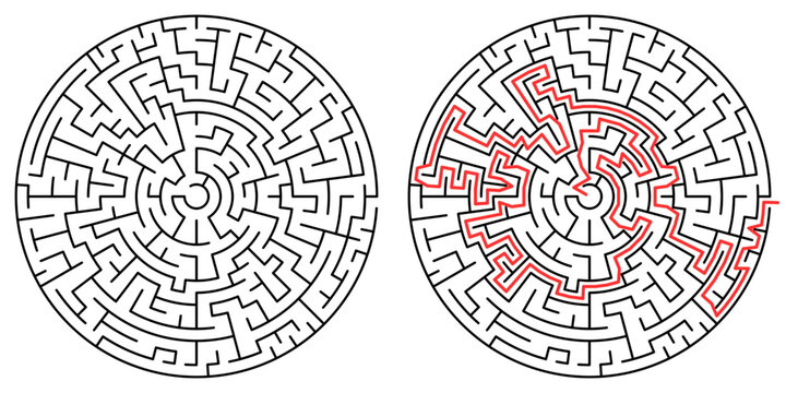 Round Maze Puzzle with Highlighted Solution Path
