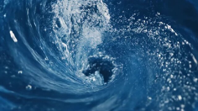 Dynamic blue water vortex with swirling motion and bubbles, creating a powerful and mesmerizing liquid abstract background.