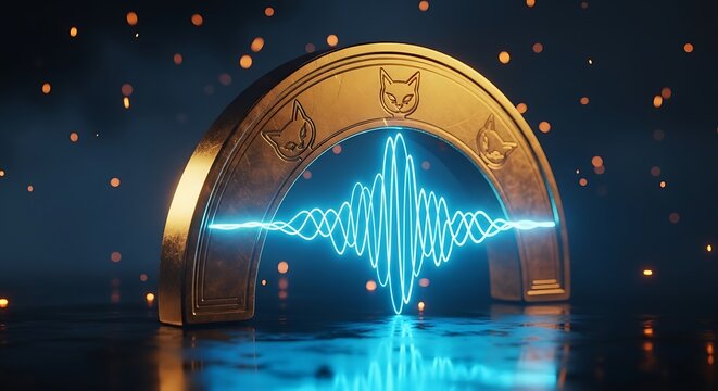 Digital signal frequency waves glow blue inside a metallic golden crypto arch with cat symbols. Cinematic lighting and bokeh sparks enhance the tech atmosphere. Ideal for web3 marketing.