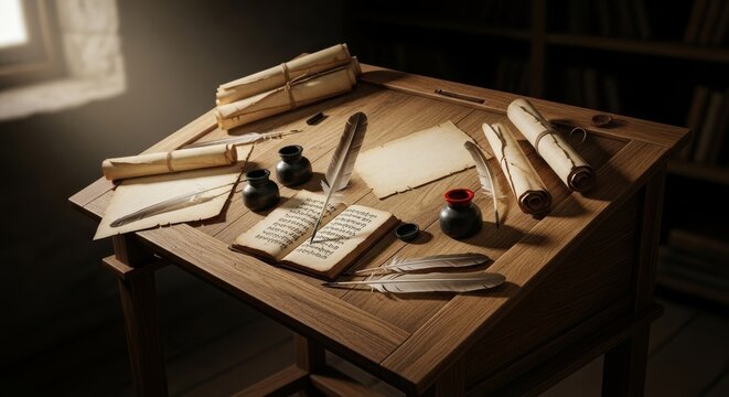 A slanted wooden writing desk sits in a dimly lit scriptorium, covered with parchment, ink pots, and quills for ancient manuscript work, education, artisan, literature
