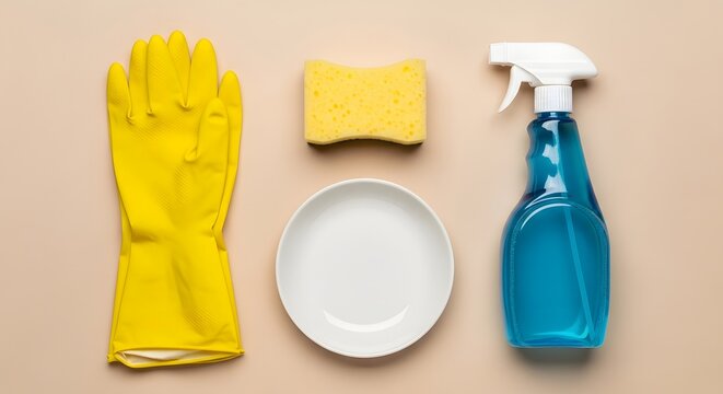 Cleaning essentials and household supplies including gloves, sponge, and detergent spray on peach background