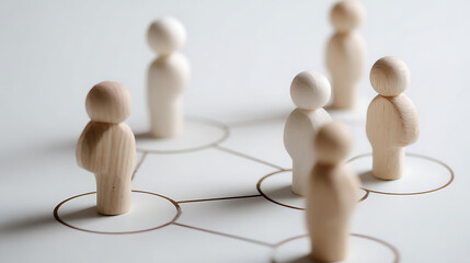 Obraz premium Minimalist wooden figures represent network connections and community on a clean white surface, illustrating social or business structure