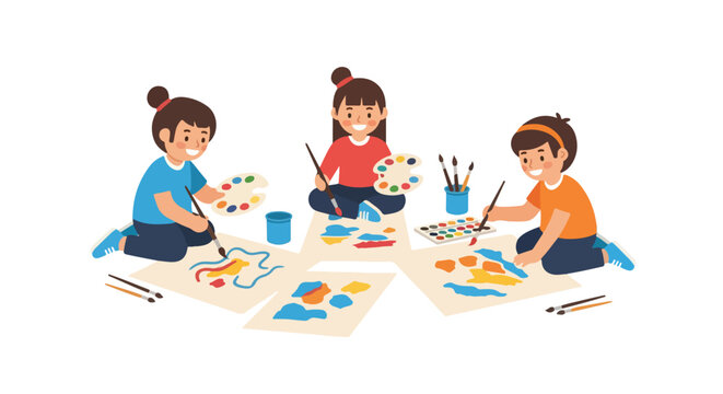 Three happy children are sitting on the floor, enthusiastically painting colorful shapes on large sheets of paper using brushes and palettes.
