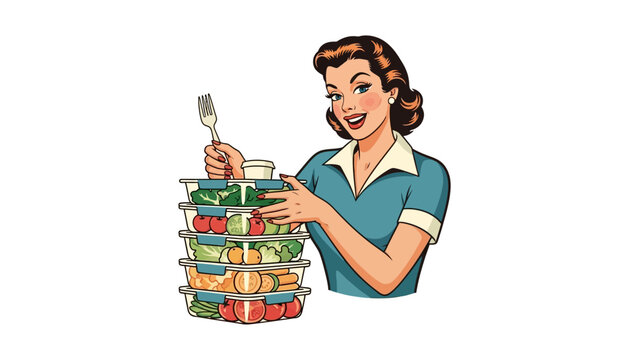 Retro mid-century woman looking at hand holding a fork