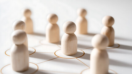 Obraz premium Wooden figures connected by lines and circles on a white background, symbolizing social networking, business team, and community connections