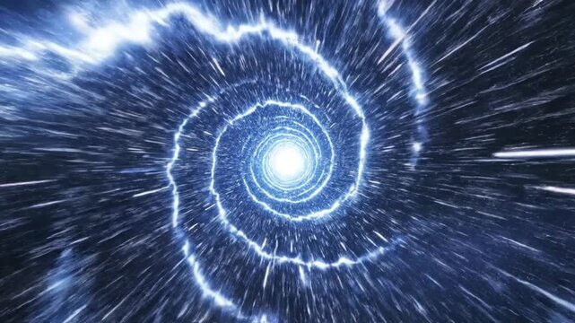 Futuristic hyperspace tunnel with blue energy lightning in space