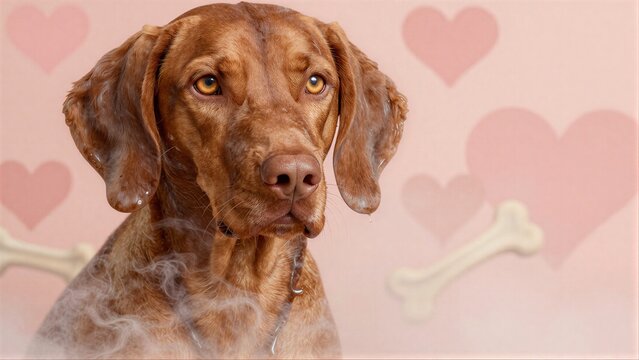 Brown dog with steam rising surrounded by pink hearts and bones.