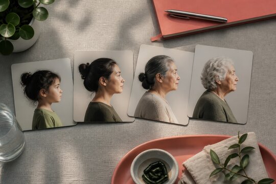 Conceptual sequence of female life stages shown in profile portraits from childhood to old age on a styled tabletop background