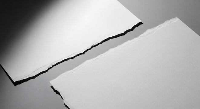 Torn white paper fragments with deckle edges rest on a sleek gray background. High contrast lighting creates dramatic shadows sharp focus macro. Ideal for legal contract marketing.