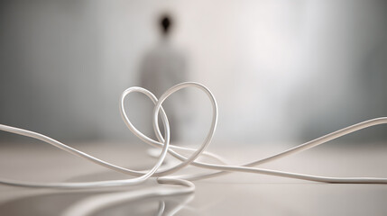 Fototapeta premium Abstract heart shape from white cable with a blurred person in the background, symbolizing connection, care, and technology in modern life