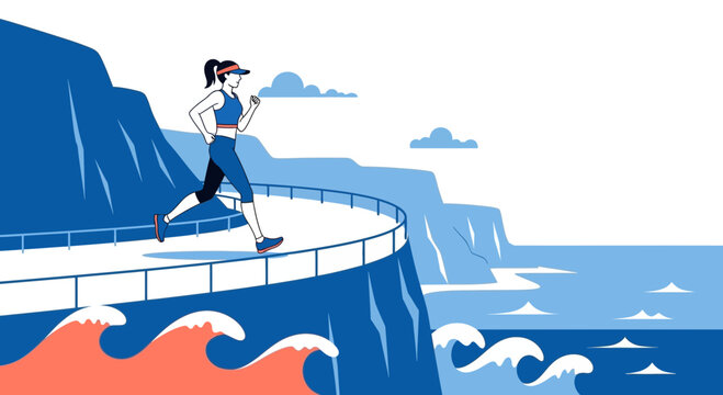 Woman running on cliffside path overlooking ocean waves, healthy lifestyle and fitness