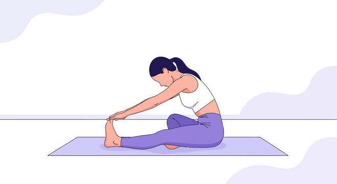Woman stretching on yoga mat, practicing Janu Sirsasana, seated forward bend pose