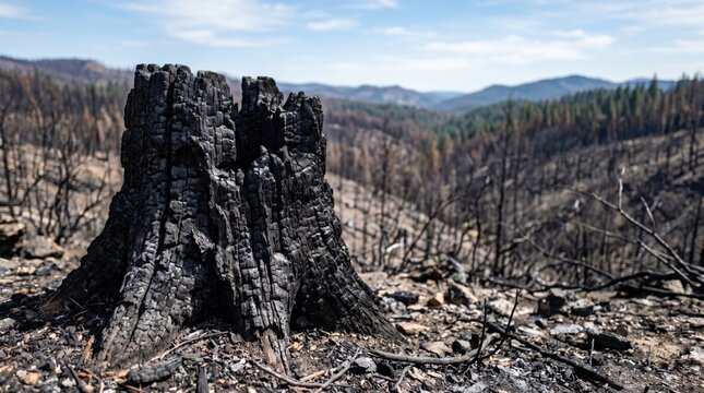 A charred tree stump stands in a vast burnt forest landscape, showing the aftermath of a wildfire under a clear sky with distant mountains.