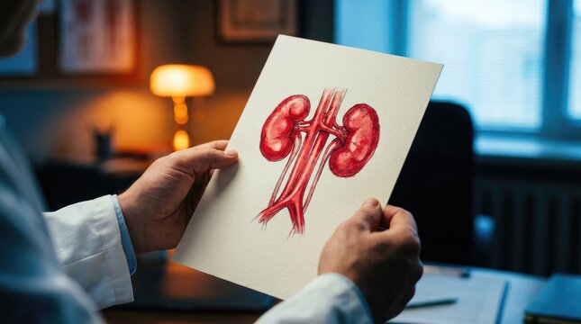 A doctor examines a detailed anatomical illustration of human kidneys and ureters in a well-lit medical office.