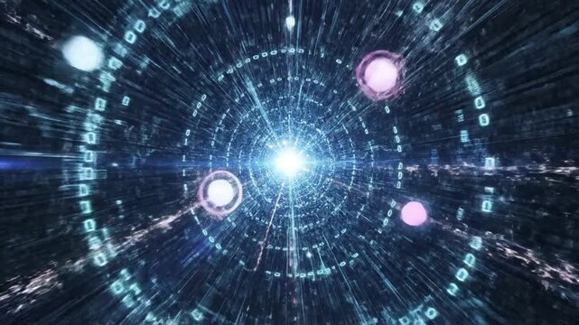 Futuristic digital data tunnel with binary code and glowing lights