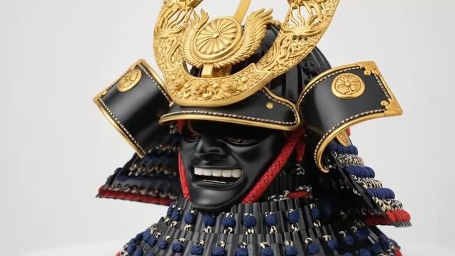 Samurai warrior helmet with gold accents and blue armor traditional Japanese Kabuto headgear with face mask and gold ornate designs. animation