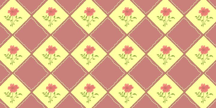 Warm yellow and maroon argyle pattern featuring sweet pink roses. A cosy seamless rustic geometric floral backdrop for autumn kitchen linens and blankets.