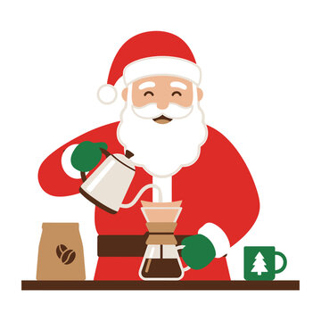 Santa Claus making pour-over coffee with a coffee bag and mug, celebrating the holiday season.