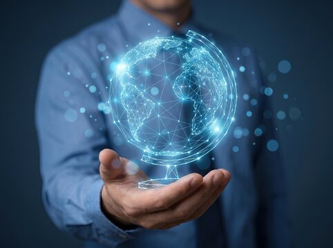 A holographic digital globe floats above a person's hand, symbolizing global connectivity and advanced technology in a futuristic setting.