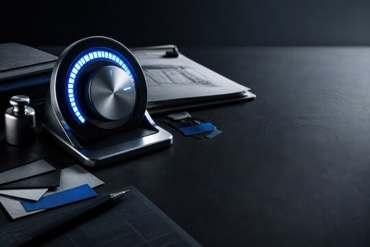 Futuristic blue illuminated control dial on a dark modern workstation surface