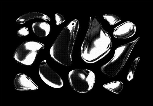 Vector halftone dither shapes set with abstract liquid fluid chrome ink elements isolated on black background, white monochrome y2k aesthetic acid graphic, grunge distorted tech design banner