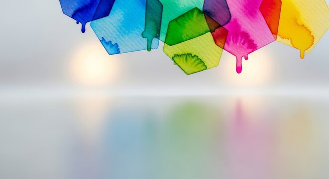Abstract watercolor polygons float over a translucent frosted glass surface with soft glowing highlights and blurred light reflections, vibrant, pastel, subtle
