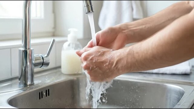 Person washing hands with soap under running water for health and hygiene in a kitchen