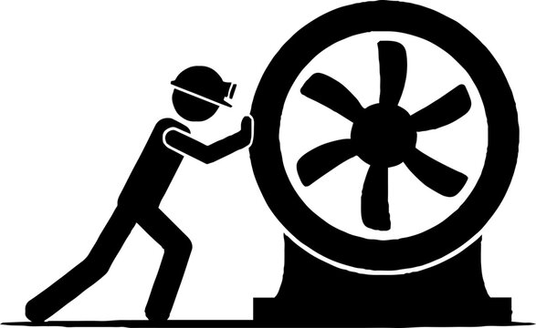 Technician maintaining large industrial ventilation fan