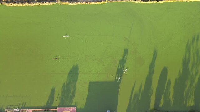 Vista a&eacute;rea de drone de atletas entrenando canotaje en la pista ol&iacute;mpica de Xochimilco, Ciudad de M&eacute;xico.