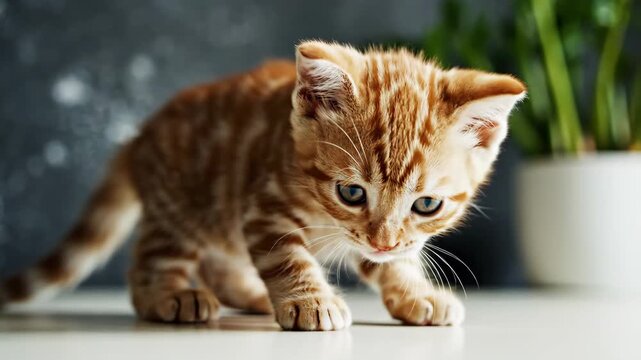 Adorable orange tabby kitten with blue eyes exploring indoors, a small plant in the background.