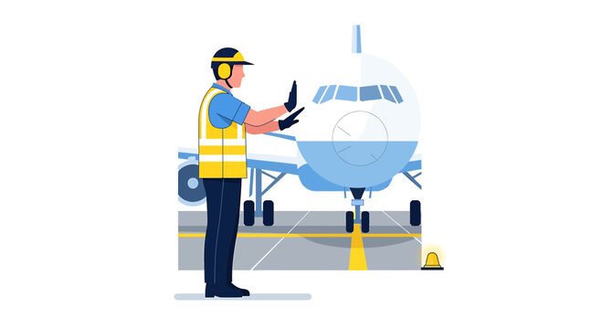 Airport worker directing airplane with hand signals on tarmac