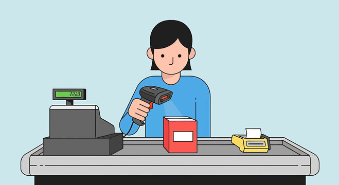 Cashier scanning book at checkout counter with scanner, register, and receipt printer