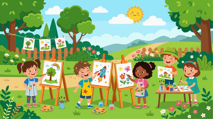 Fototapeta premium 2D Flat Vector Children painting outdoors in a sunny park with easels and art supplies