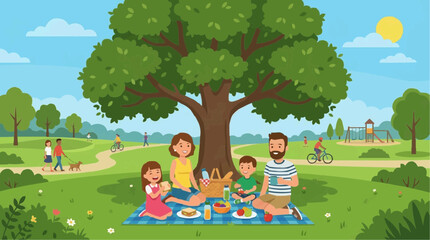 Naklejka premium 2D Flat Vector Family enjoying a sunny picnic in a park with a playground and people cycling