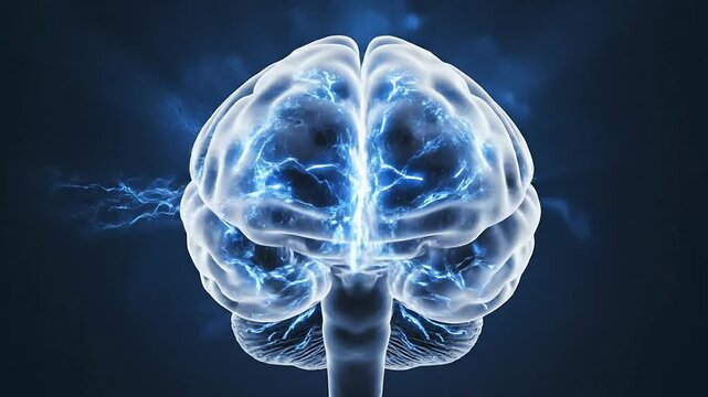 Detailed 3D Illustration of a Human Brain Emitting Electric Blue Pulses Against a Dark Background for Neuroscience and Technology Concepts