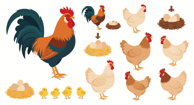 Farm Animals Chicken Rooster Hen Chickens Eggs Nest.
