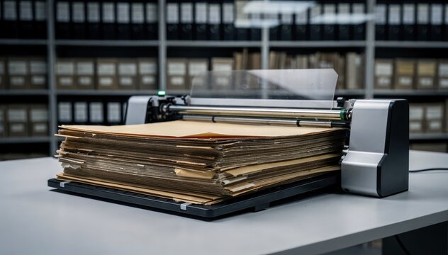 Medium shot of robotic document scanner feeding a stack of old folders main focus on the automated feeder with blurred background of archived files.